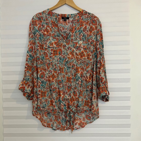 Cocomo Woman Tops - Cocomo Woman Orange Teal Floral Paisley Tie Front Blouse 2X D088VE81370U
